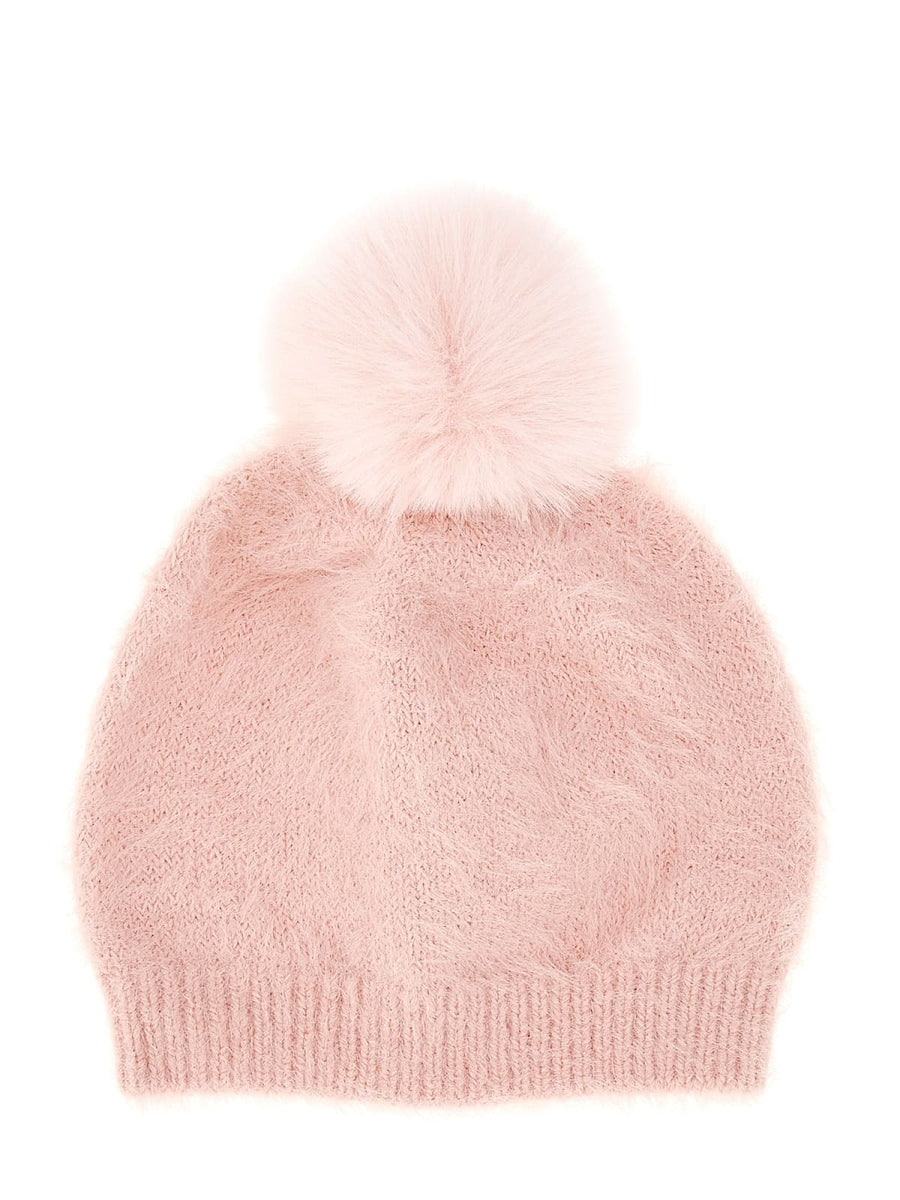 Cappello rosa peluche con ponpon e placca logo