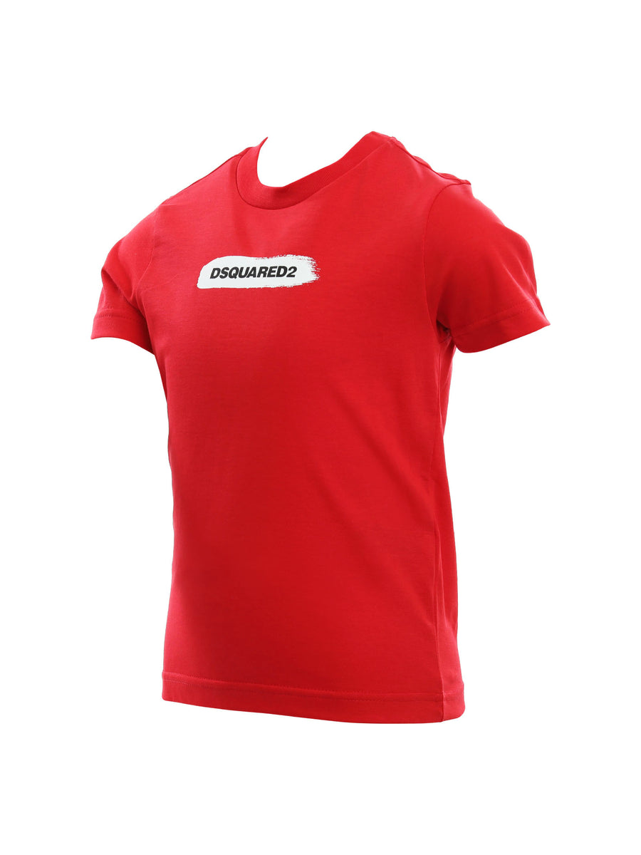 T-shirt rossa con stampa logo bianca e nera