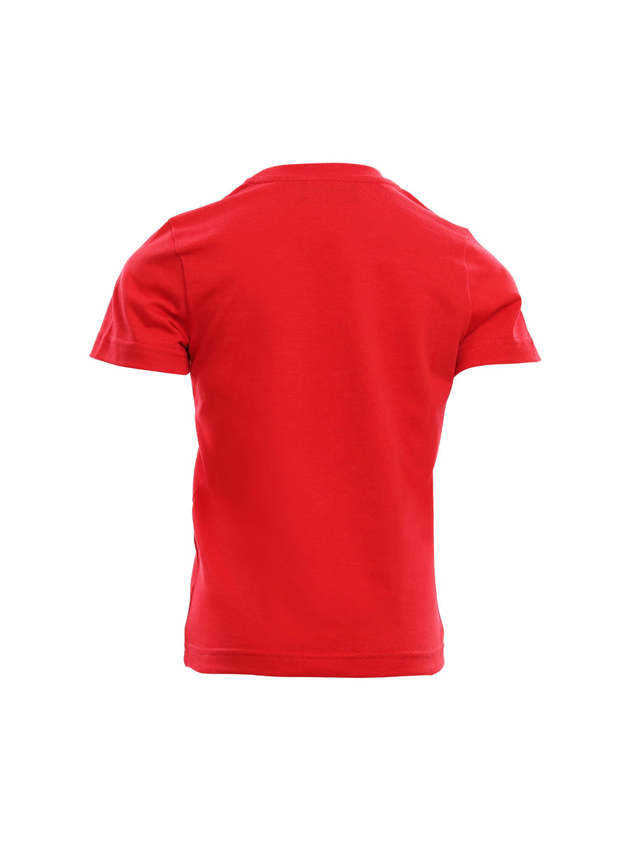 T-shirt rossa con stampa logo bianca e nera