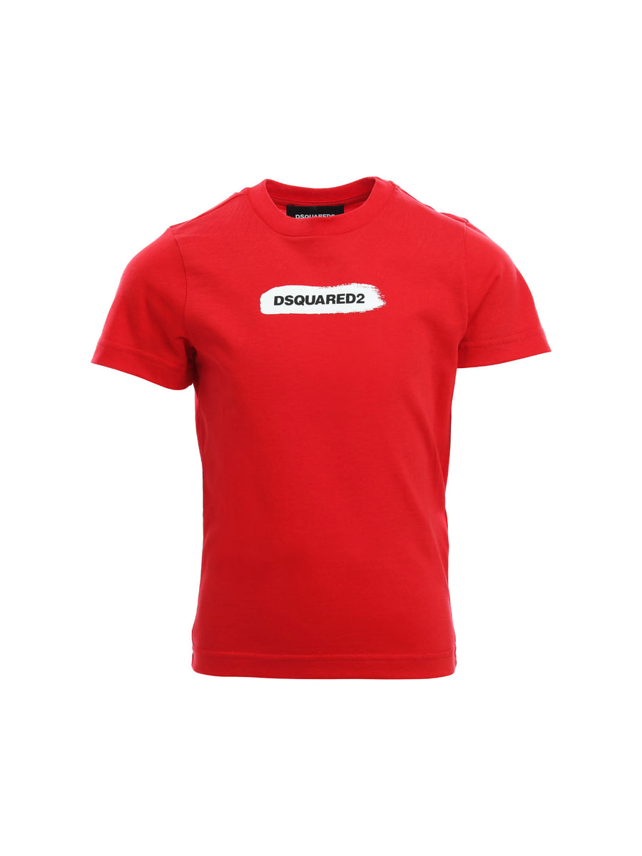 T-shirt rossa con stampa logo bianca e nera