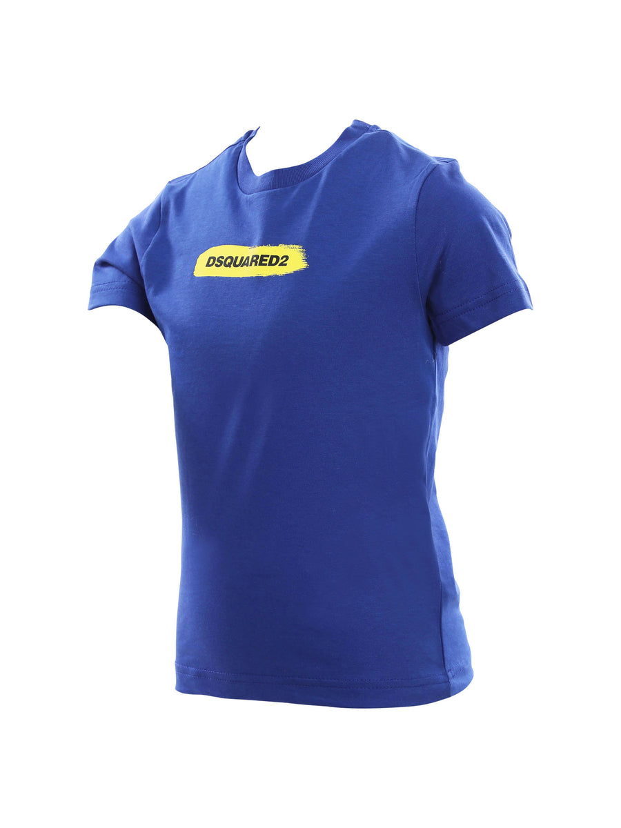 T-shirt blu con stampa logo gialla e nera