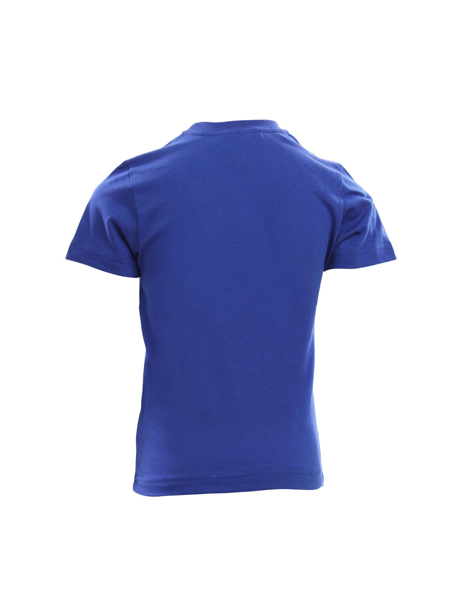 T-shirt blu con stampa logo gialla e nera