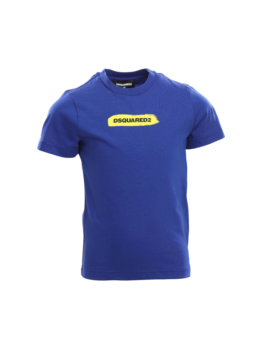 T-shirt blu con stampa logo gialla e nera