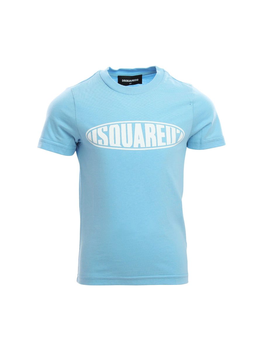 T-shirt azzurra con stampa logo ovale bianca