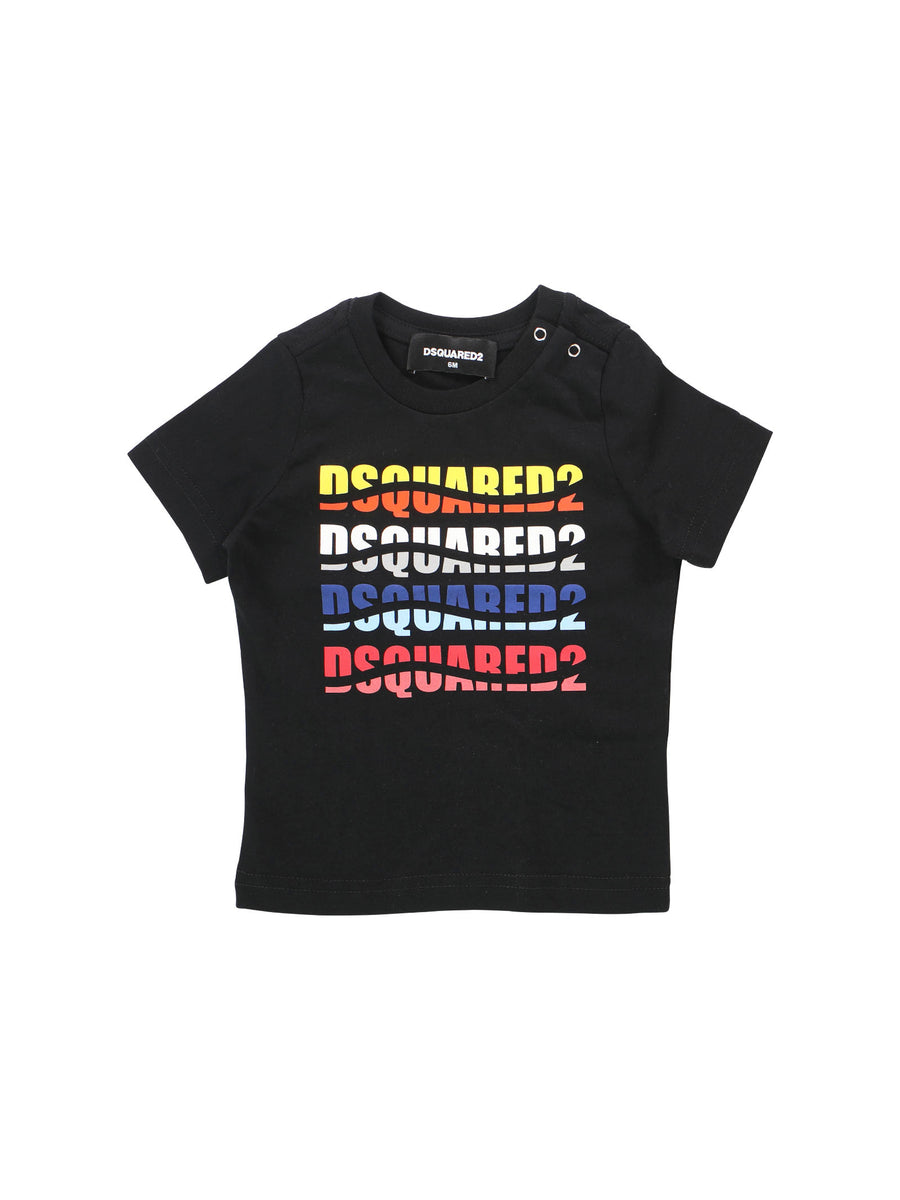 T-shirt nera con logo multicolor