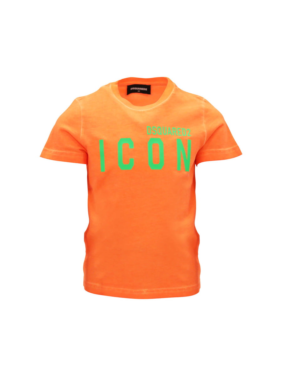 T-shirt arancio fluo con applicazione logo Icon verde