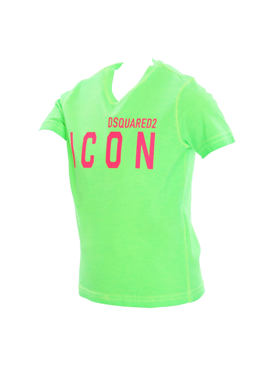 T-shirt verde fluo con applicazione logo Icon fucsia