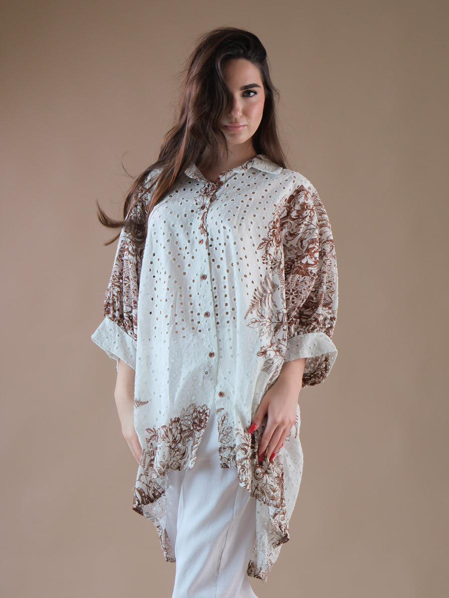 Maxi camicia in pizzo san gallo con fantasia floreale marrone