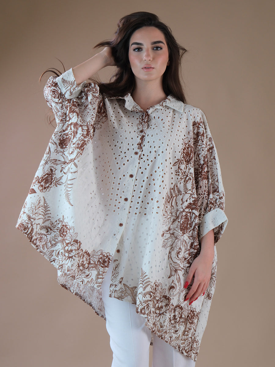 Maxi camicia in pizzo san gallo con fantasia floreale marrone