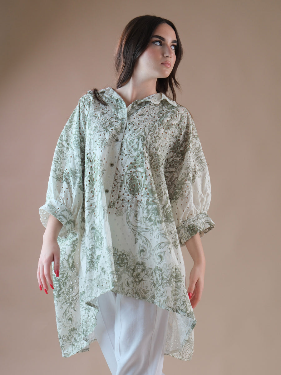 Maxi camicia in pizzo san gallo con fantasia floreale verde