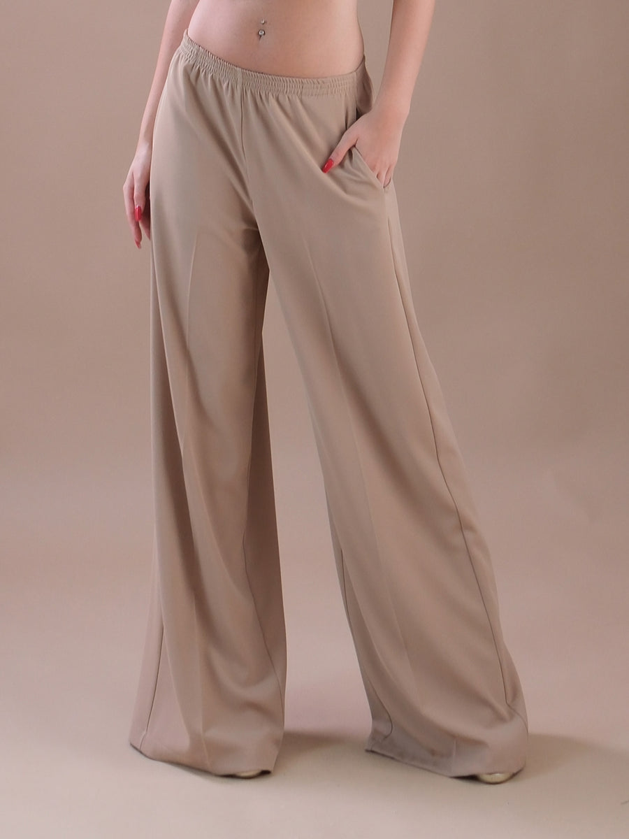 Pantaloni beige a palazzo con vita elasticizzata