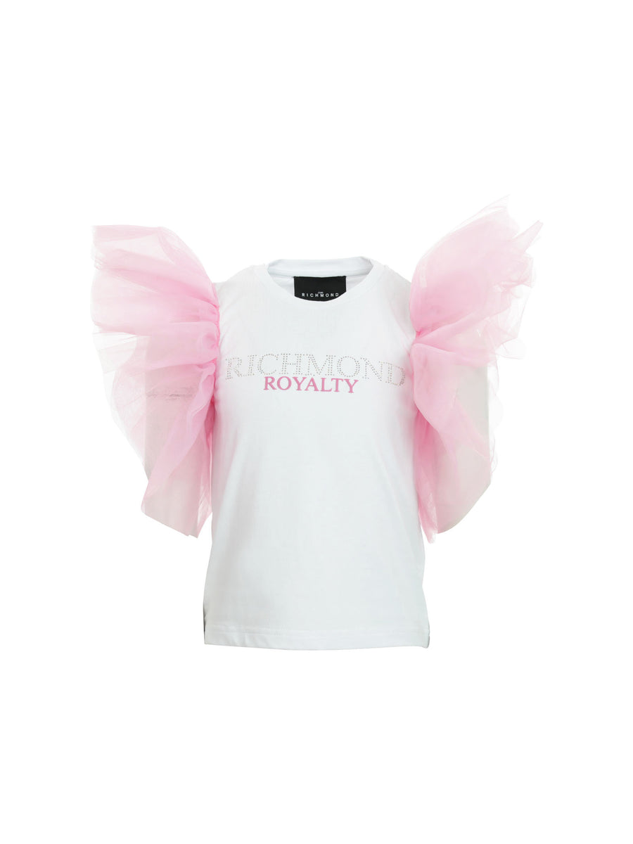 T-shirt bianca con maxi ruches rosa in tulle