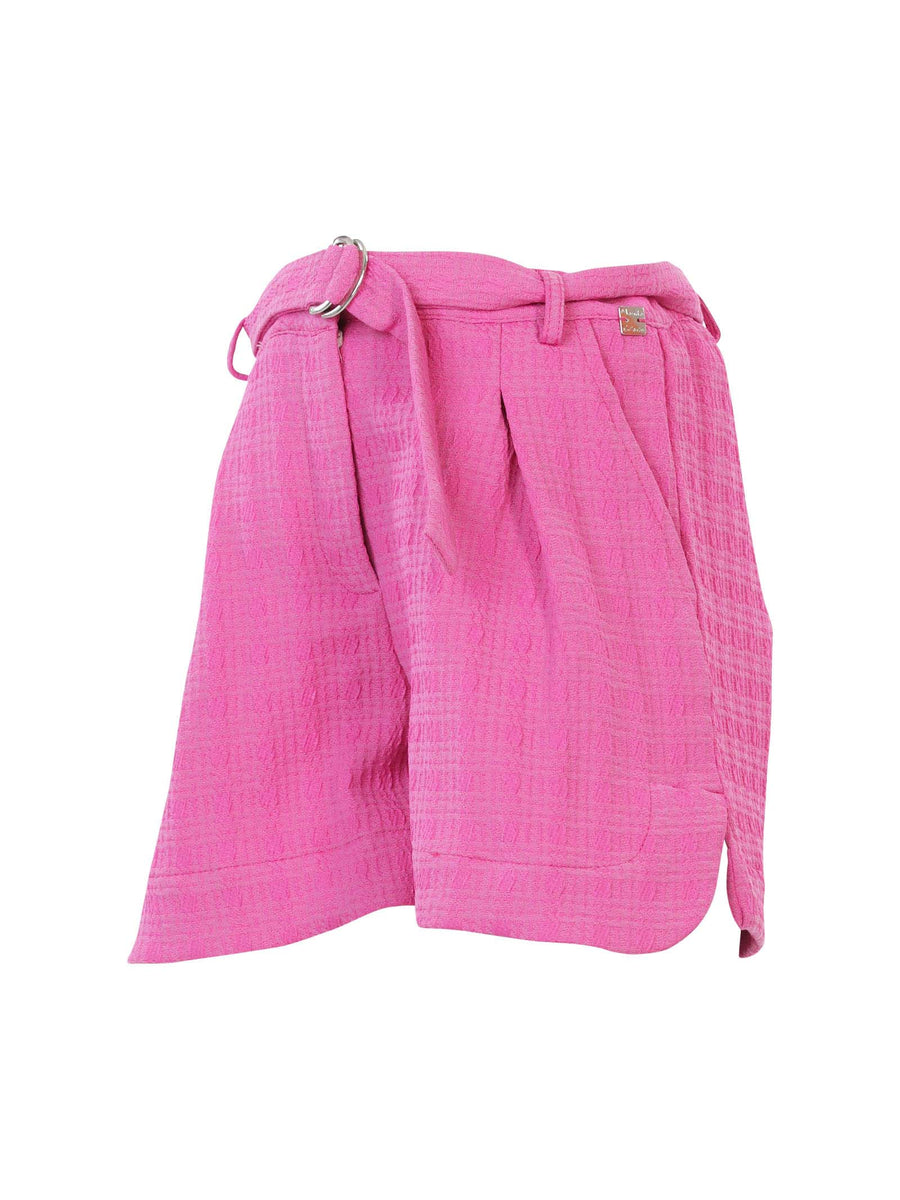 Shorts fucsia in tessuto ricamato e pinces