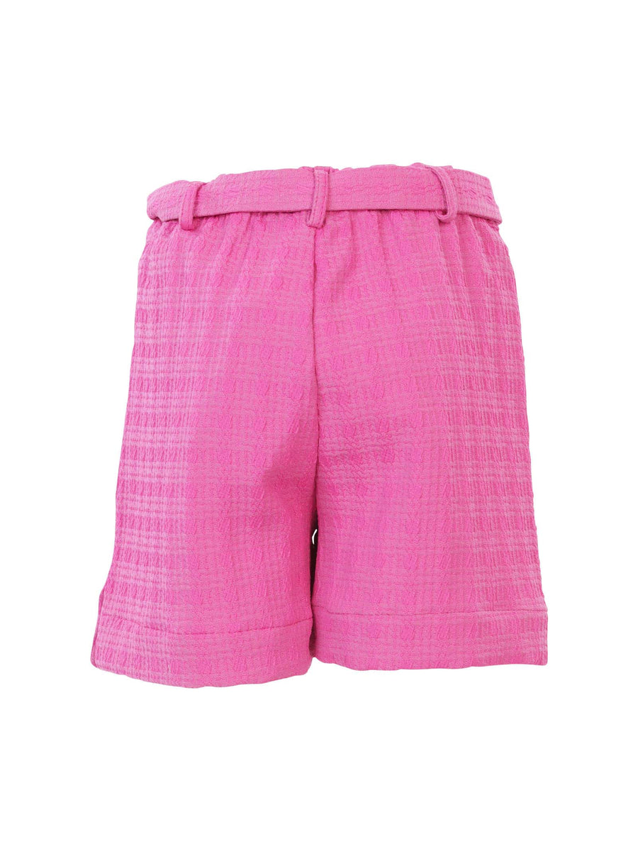 Shorts fucsia in tessuto ricamato e pinces