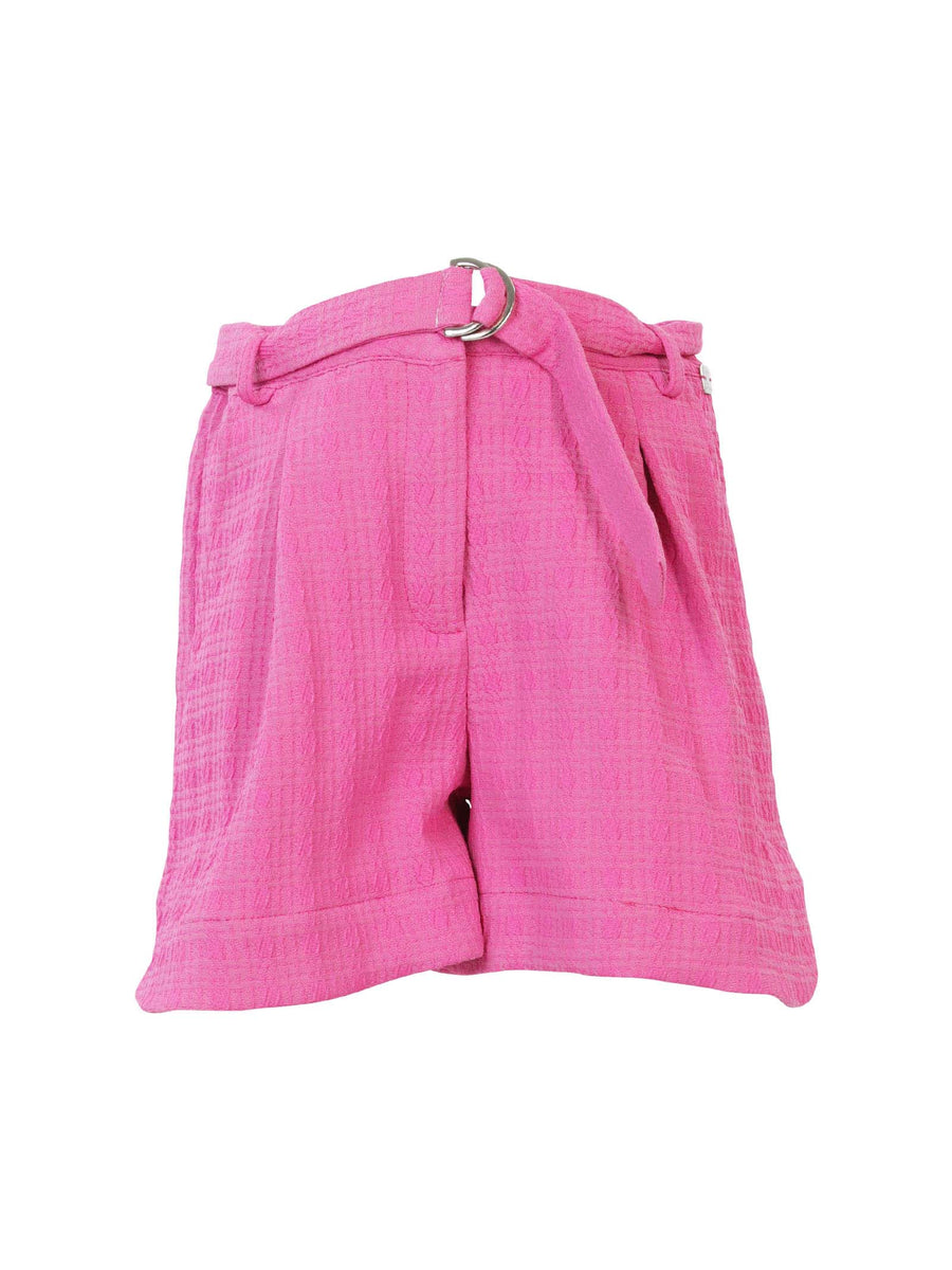 Shorts fucsia in tessuto ricamato e pinces