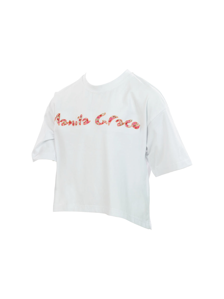 T-shirt crop bianca logo ricamato multicolor e perline