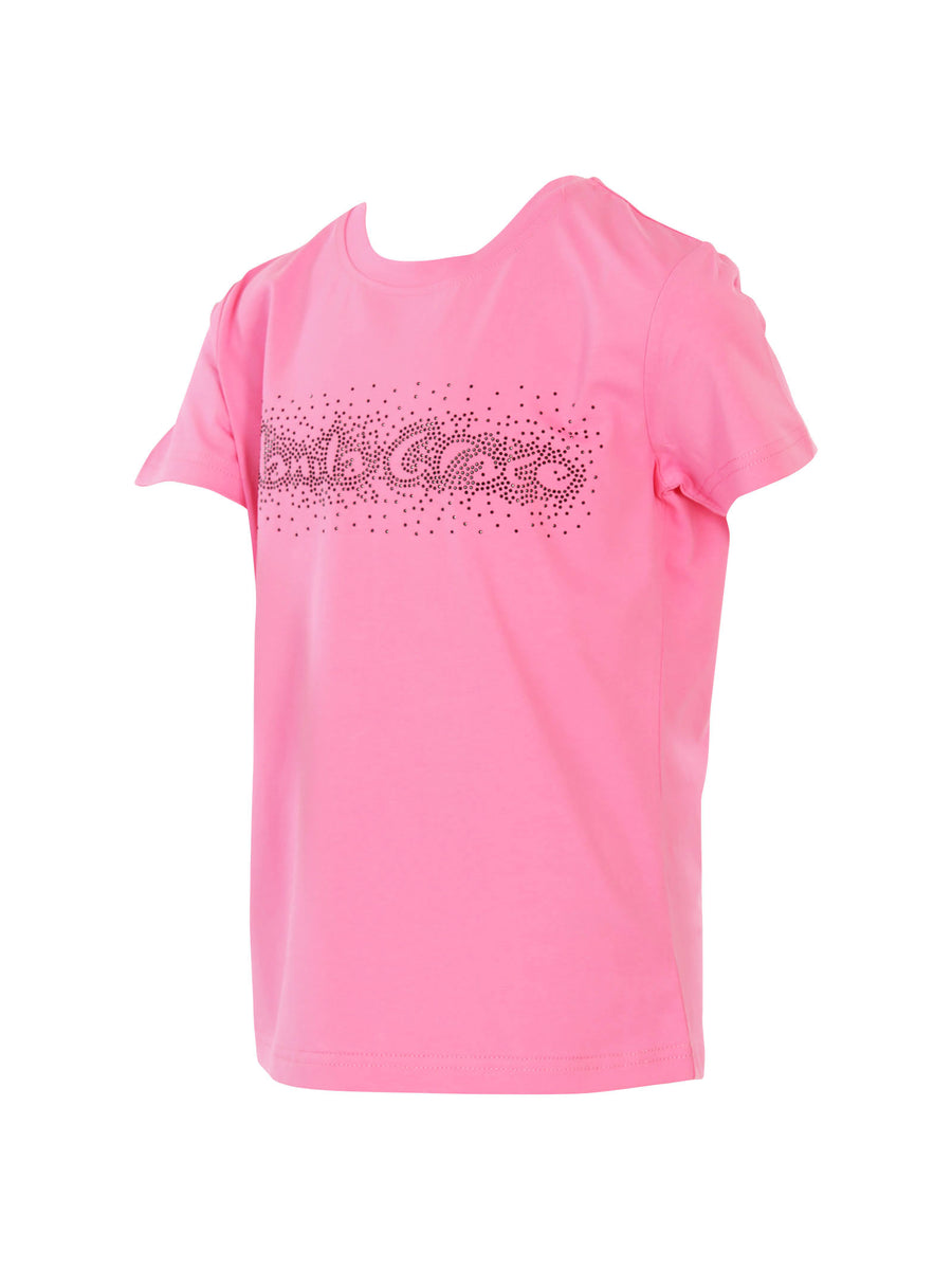 T-shirt fucsia con logo e brillantini neri