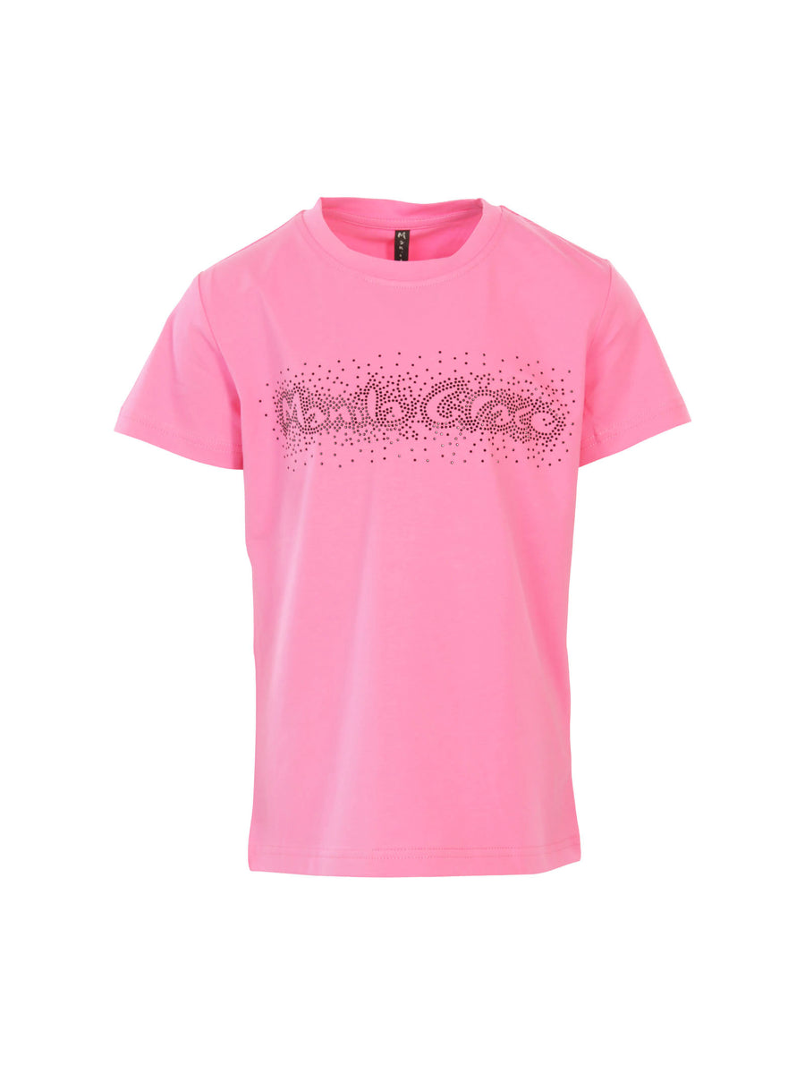 T-shirt fucsia con logo e brillantini neri