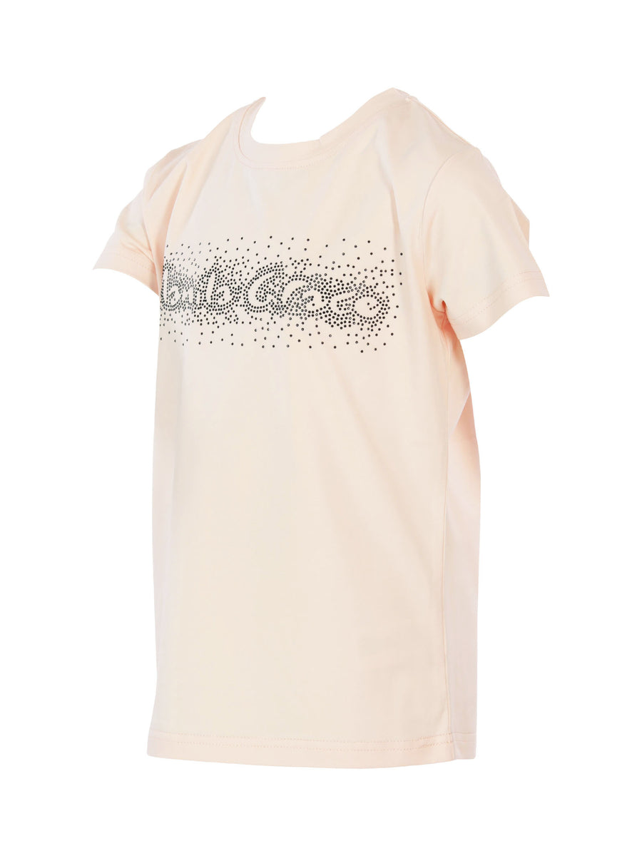 T-shirt rosa con logo e brillantini neri