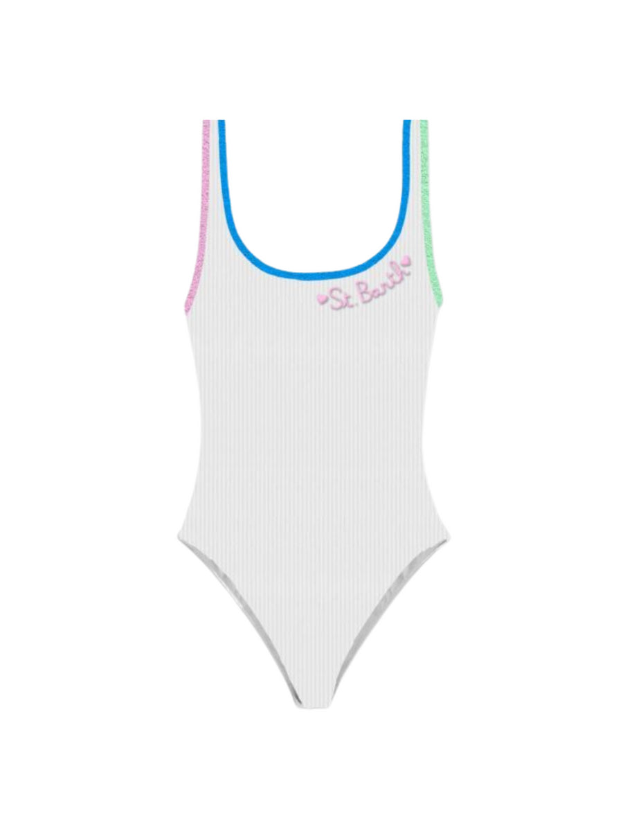 Monokini Althea bianco con profili multicolor e scritta