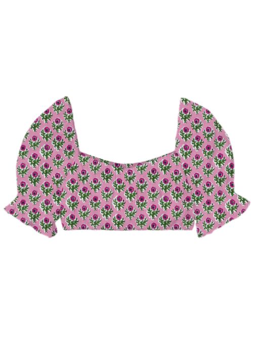 Crop top rosa a fantasia fiori e maniche a palloncino