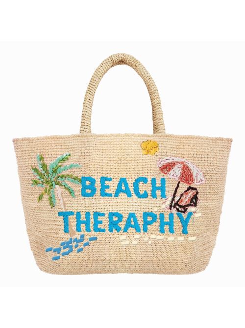 Borsa mare in rafia e scritta Beach Therapy ricamata