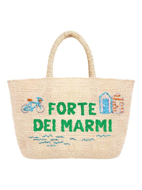 Borsa mare in rafia con scritta verde Forte dei Marmi