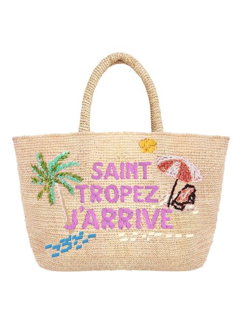 Borsa mare in rafia scritta rosa Saint Tropez J'arrive