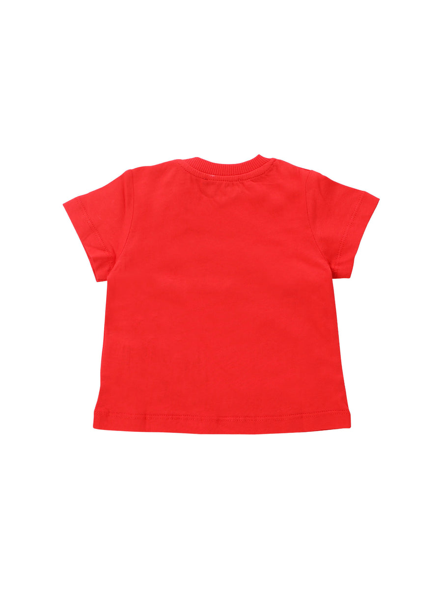 T-shirt rossa con stampa scritta e Teddy