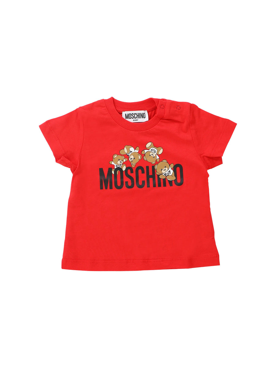 T-shirt rossa con stampa scritta e Teddy