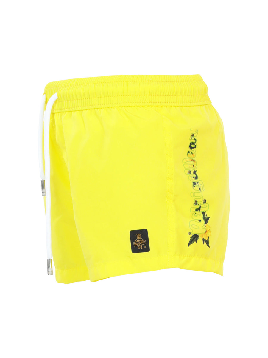 Costume shorts giallo con stampa verticale sul retro