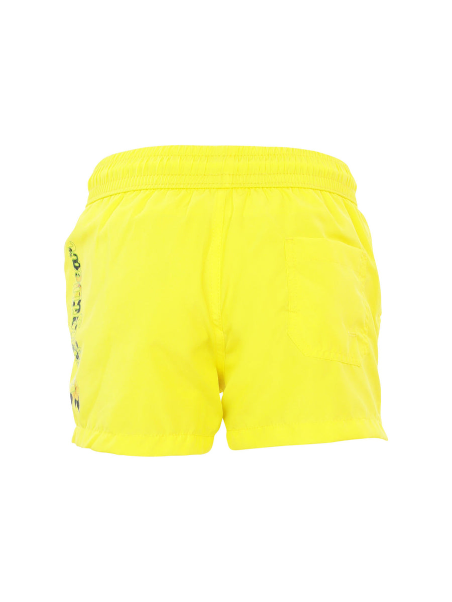 Costume shorts giallo con stampa verticale sul retro