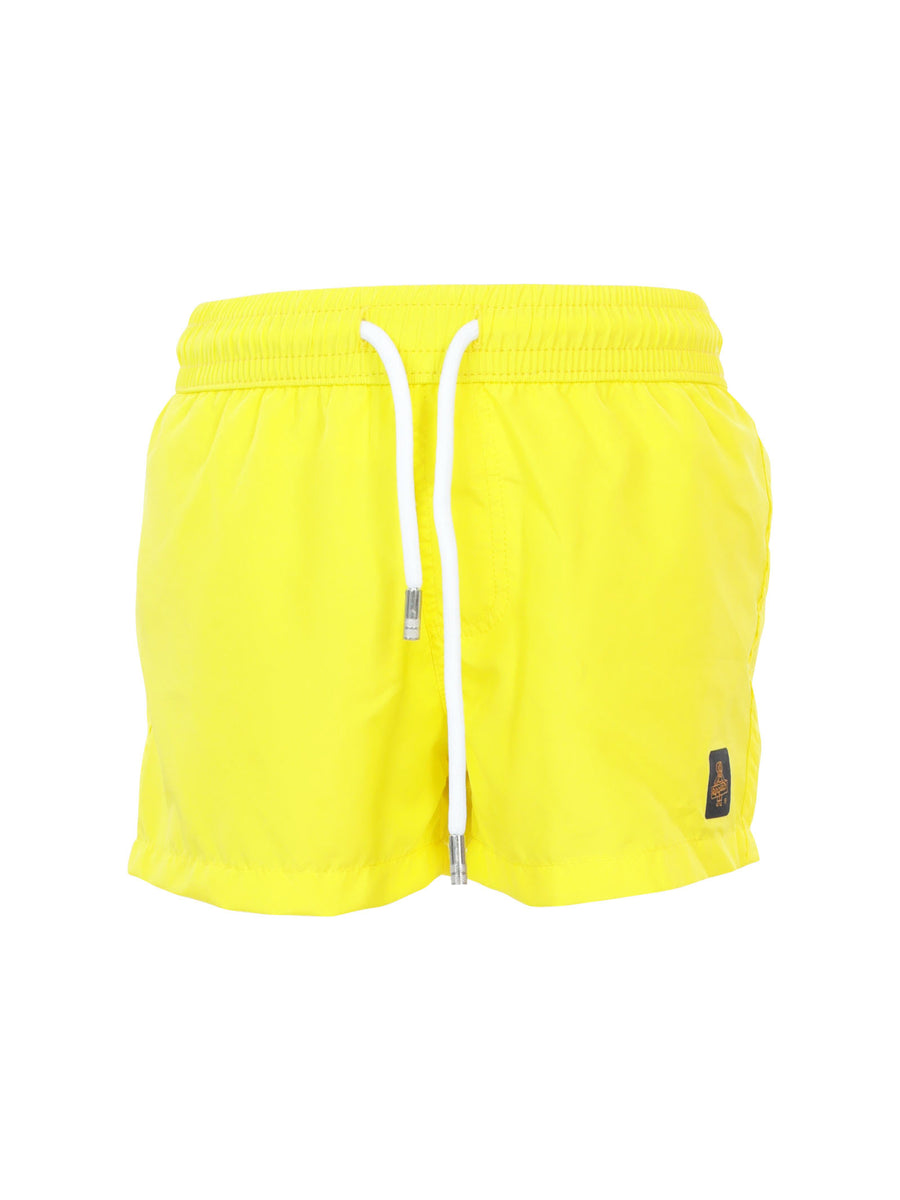 Costume shorts giallo con stampa verticale sul retro