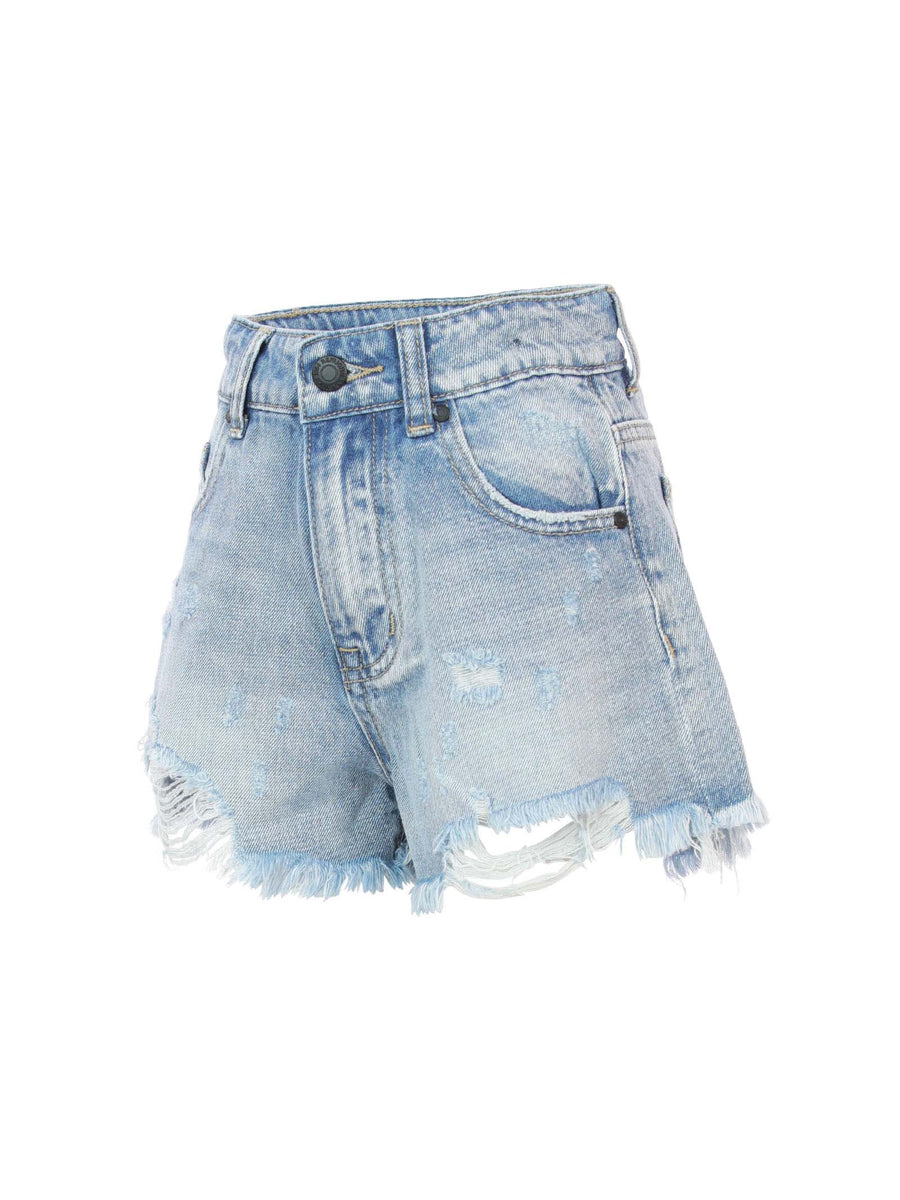 Shorts in denim chiaro con strappi e taglio vivo