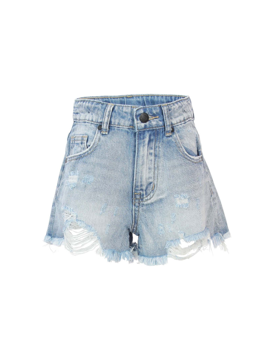 Shorts in denim chiaro con strappi e taglio vivo